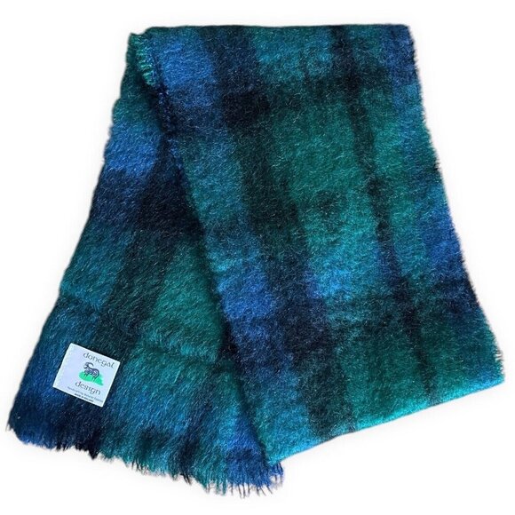 Donegal Design Plaid Mohair Wool Scarf 10"x66" Blue Green Handcrafted in Ireland - Picture 5 of 6